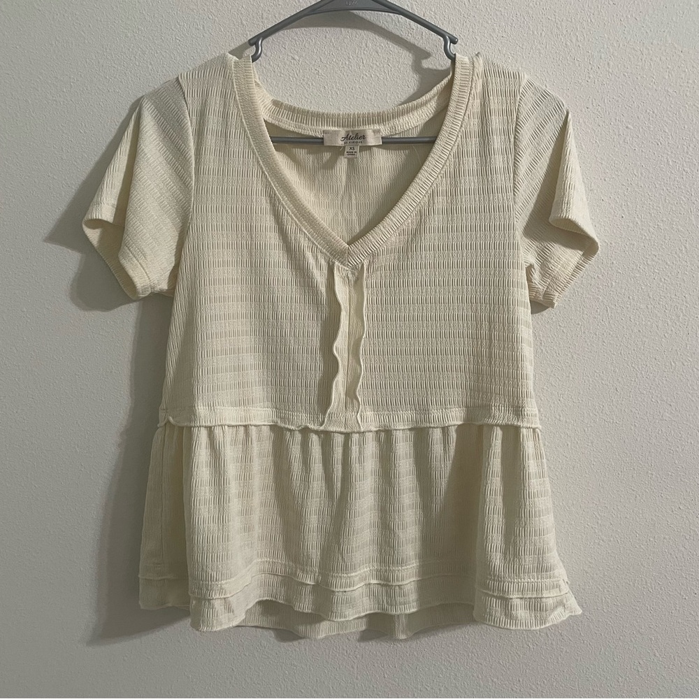 Cream V-Neck Ruffle Babydoll Peplum Top